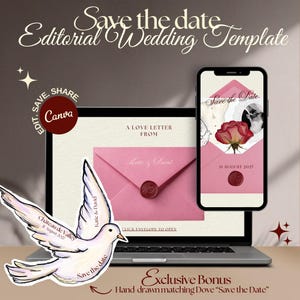 Peut inclure: Un modèle de faire-part de mariage numérique avec le texte "Save the date" et "Editorial Wedding Template". Le design comprend un ordinateur portable et un smartphone affichant un design d'enveloppe rose avec une rose et une illustration de colombe. Le modèle est pour Canva.