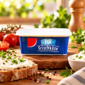 Puede incluir: Un recipiente rectangular de plástico azul de queso crema con tapa blanca. La etiqueta presenta un logotipo de semicírculo rojo y el texto blanco PUR FRISCHKÄSE DOPPELRAHMSTUFE WÄRMEBEHANDELT. El recipiente se encuentra sobre una superficie de madera.
