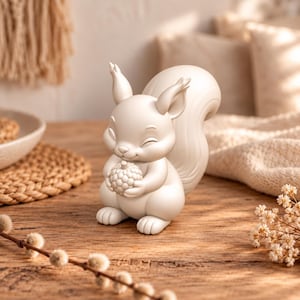 Könnte beinhalten: Eine cremeweiße Eichhörnchenfigur mit matter Oberfläche, glattem, abgerundetem Design, großen Ohren und einem buschigen Schwanz. Das Eichhörnchen sitzt und hält einen strukturierten, kugelförmigen Gegenstand zwischen seinen Vorderpfoten.