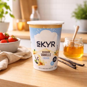 Könnte beinhalten: Ein zylindrischer Becher Skyr Bourbon Vanille Joghurt mit weißem Deckel. Das Etikett zeigt ein blau-weißes Design mit Vanilleblüten-Illustrationen sowie den Text Skyr, Bourbon Vanille, Cremig und Nach Islandischer Tradition.