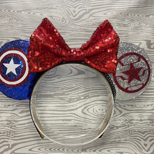 Captain America Civil War Mouse Ears Headband, Captain America Mouse Ears, Winter Soldier Mouse Ears, Cap and Bucky Mouse Ears, Avengers