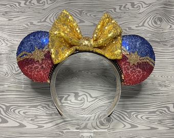 Bandeau d'oreille de souris de capitaine Marvel, oreilles de souris de capitaine Marvel, oreilles de Mickey de capitaine Marvel, bandeau d'oreille de souris de Avengers, oreilles de Mickey de Avengers