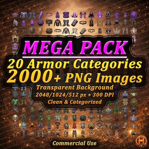 May include: A digital collection titled MEGA PACK 20 Armor Categories 2000+ PNG Images with a transparent background. The text specifies 2048/1024/512 px, 300 DPI, and commercial use. The image displays numerous small icons of fantasy armour pieces.