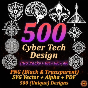 Może przedstawiać: Grafika z tekstem "500 Cyber Tech Design" w gradientcie od czerwonego do fioletowego. Obraz zawiera różne białe ilustracje o tematyce technicznej oraz tekst "PNG (Czarny i Przezroczysty) SVG Vector + Alpha + PDF 500 (Unikalnych) Projektów."