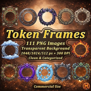 Puede incluir: Una colección de 111 marcos circulares para fichas con diversos diseños que incluyen temas de dragón, engranaje, hueso, nube, fuego, madera, cristal y mecánicos. El texto dice Token Frames, 111 PNG Images, Transparent Background, 2048/1024/512 px + 300 DPI, Clean & Categorized, Commercial Use.