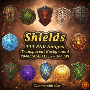 May include: An image showcasing a collection of fantasy shields with various designs. The shields feature diverse themes, including a dragon, a skeleton, and a sun. The image includes the text "Shields" and details about the PNG images.