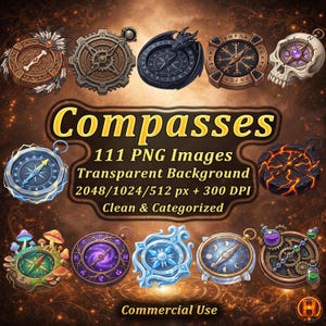 Puede incluir: Una colección de brújulas ilustradas con varios diseños, incluyendo un dragón, una calavera y engranajes. La imagen incluye el texto "Compasses" y detalles sobre las imágenes PNG, como "111 PNG Images" y "Commercial Use."