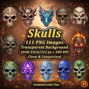 May include: A digital art image featuring a collection of artistically designed skulls. The skulls vary in color and style, with some adorned with horns, gems, or flames. The image includes the text "Skulls" and details about the PNG images.