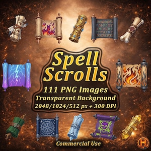 May include: A collection of fantasy-themed spell scrolls with various designs, including flames, lightning, and runes. The image features the text "Spell Scrolls" and details about the PNG images, transparent background, and commercial use.