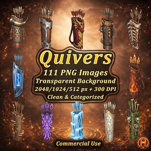 May include: An image showcasing various illustrated quivers, each holding arrows and featuring distinct designs. The image includes text: "Quivers", "111 PNG Images", and "Commercial Use". The quivers are diverse in colour and style, some with fantasy themes.