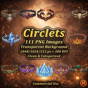May include: An image showcasing a collection of fantasy circlets with various designs, including a lightning bolt, flames, and a skull. The image also includes text that reads "Circlets" and details about the PNG images.