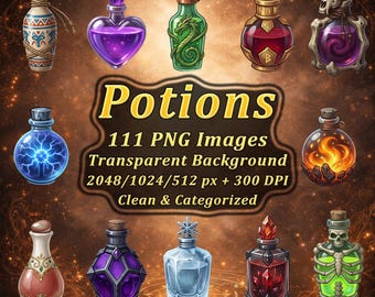 May include: A collection of fantasy potion bottles in various shapes and colors, including a heart-shaped purple potion and a green bottle with a dragon design. The image includes the text "Potions" and details about the image files.