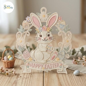 Disegno per ricamo a macchina di Pasqua: coniglietto, uova e fiori (file digitale)