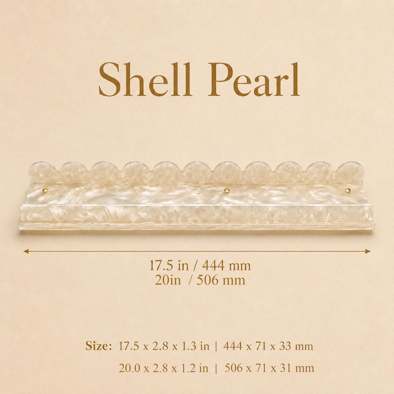 May include: A decorative shelf with a scalloped edge, made of a pearlescent material. The shelf is approximately 17.5 inches long and features gold-colored accents. The text "Shell Pearl" is displayed above the shelf.