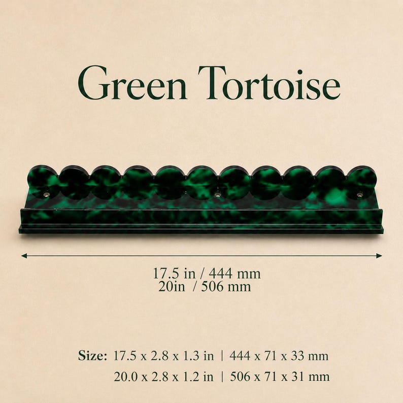 May include: A green tortoise-shell style rack with a series of circular holders. The rack is 17.5 inches long and 2.8 inches wide. The text "Green Tortoise" is above the rack.