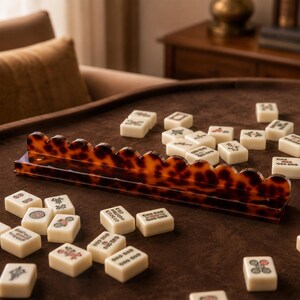 May include: A close-up shot of a brown and tan mahjong set. The set includes ivory-colored tiles with various symbols and a tortoise-shell-patterned tile rack. The tiles are scattered on a brown surface.