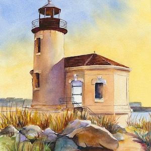 coastal lighthouse, watercolor painting, coquille light, original painting