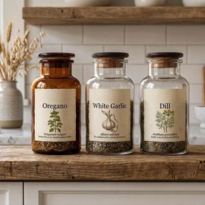 May include: Three glass spice jars with dark wooden lids and cream-coloured labels. The left jar is amber glass containing dried oregano. The middle and right jars are clear glass containing white garlic and dill, respectively, each with botanical illustrations.