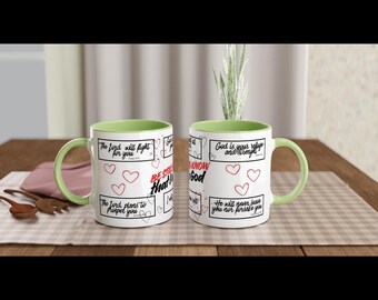 Inspirational Bible Verse Mug, Personalized Christian Gift, Coffee Cup with Colored Handle, Scripture Mug, Religious Gift for Her Him
