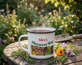Personalisierter Schrebergartenbecher, Geschenk zur Gartenernte, Kaffeetasse für Gärtner, Individuelles Geschenk für Schrebergartenliebhaber, Emaillebecher für Gemüsegärten
