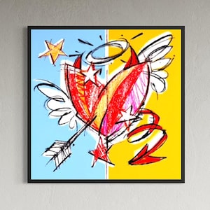 Pode incluir: Uma peça de arte de parede quadrada emoldurada com um fundo dividido em azul claro e amarelo. O gráfico central é um coração vermelho com asas brancas, uma auréola, uma cauda de diabo e uma flecha atravessada, acentuado por várias estrelas.