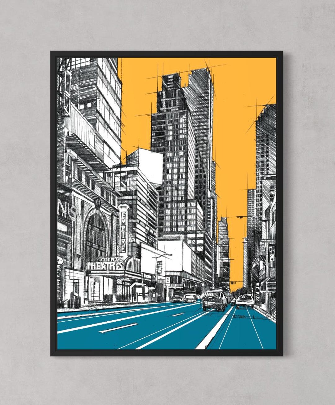 Manhattan Mixed Media Art, New York City Graphite Sketch With Color ...