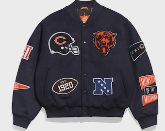Blouson universitaire en laine bleu marine inspiré des Bears de Chicago | Blouson aviateur Letterman unisexe | Veste brodée | Monstres de Midway