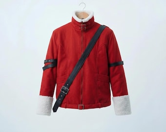 Veste cosplay Stark - Costume Frieren : Beyond Journey's End saison 2 - Manteau d'hiver guerrier rouge avec bordure en sherpa et lanières de cuir