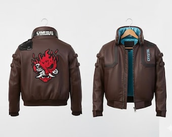 Blouson aviateur en cuir marron samouraï Cyberpunk 2077 V – Veste gaming avec logo samouraï, veste cosplay Cyberpunk pour homme