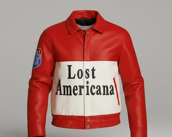 Blouson aviateur en cuir véritable inspiré de la MGK - Rouge americana perdu, brodé style course