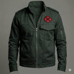 Könnte beinhalten: Dunkelgrüne Jacke mit durchgehendem Reißverschluss, kleiner Brusttasche und rotem und schwarzem Emblem auf der linken oberen Brust. Die Jacke hat einen Bomberstil mit hohem Kragen und Reißverschlusstasche am linken Ärmel.