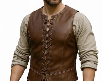 Gilet médiéval en cuir pour homme fait main - Gilet blindé à lacets Renaissance marron vintage
