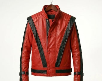 Michael Jackson MJ inspiré Thriller fait à la main en cuir véritable rouge veste de cosplay