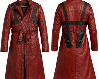 Trench-coat en cuir rouge bordeaux inspiré de DMC 3 Dante | Déguisement de chasseur de diable | Manteau long en cuir pour hommes et femmes
