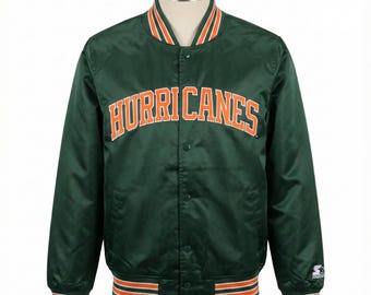 Blouson aviateur en satin Miami Hurricanes vintage des années 90 | Veste universitaire rétro NCAA | Style d'entrée universitaire vert
