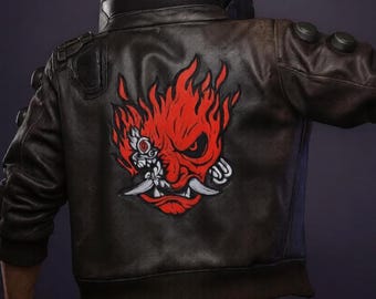 Blouson aviateur en cuir noir samouraï Cyberpunk 2077 V – veste de jeu à logo samouraï, veste cosplay cyberpunk pour homme