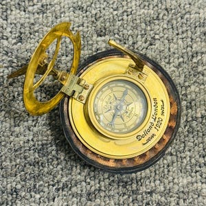 Boussole cadran solaire en laiton de style vintage - Dollond London 1920 - Finition antique faite main avec étui en cuir.