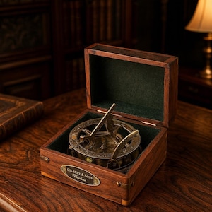 May include: A brass sundial compass housed in a dark wooden box with a green velvet interior. The box features a metal plaque on the front engraved with the text GILBERY & SONS LONDON. The circular brass instrument has intricate markings.