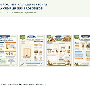 May include: Four printable educational sheets titled El Señor inspira a las personas para cumplir sus propósitos, featuring illustrations of biblical scenes, temple architecture, and icons related to Esdras 1:1-4, with text in Spanish throughout.