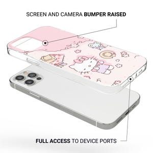 May include: A pink and clear phone case featuring a Hello Kitty design. The case has a raised screen and camera bumper and full access to device ports. The design includes Hello Kitty, flowers, and other cute illustrations.