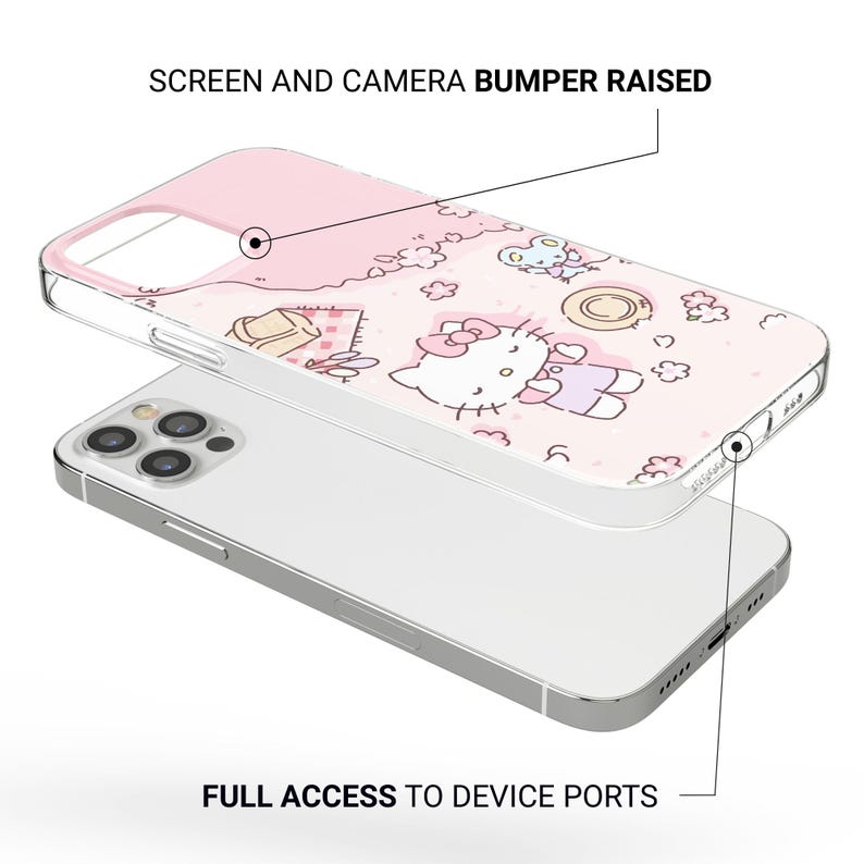 May include: A pink and clear phone case featuring a Hello Kitty design. The case has a raised screen and camera bumper and full access to device ports. The design includes Hello Kitty, flowers, and other cute illustrations.