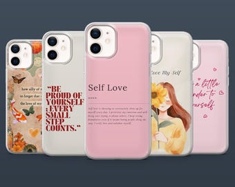 Funda de teléfono con diseño de amor propio, estética y autocuidado para iPhone 16, 15, 14, 13, 12, Samsung S25Fe, S24, S23, S22, A16, A26, A56, Pixel 9Pro, 8A.