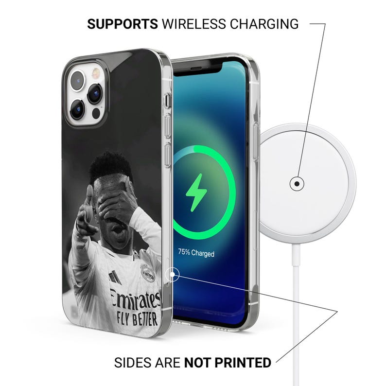 May include: Clear phone case with a black and white image of a soccer player. The phone screen shows a charging symbol. The text reads "SUPPORTS WIRELESS CHARGING" and "SIDES ARE NOT PRINTED".