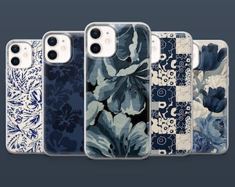 Funda de teléfono azul oscuro con flores azules y azul marino para iPhone 17, 16, 15, 14, 13, Samsung S25Fe, S24, S23, S22, A16, A26, A56, Pixel 9Pro, 8A.