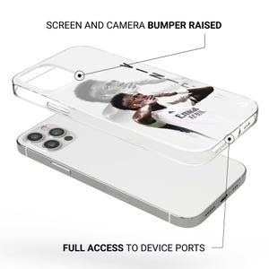May include: Clear phone case with a black and white image of a soccer player. The case has the text "SCREEN AND CAMERA BUMPER RAISED" and "FULL ACCESS TO DEVICE PORTS". The phone case is on top of a white phone.