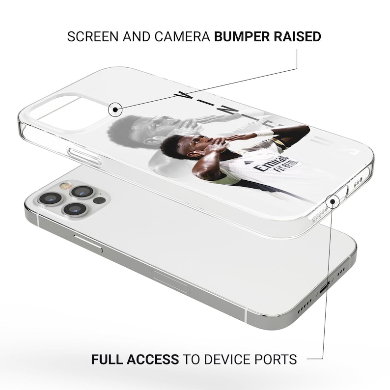 May include: Clear phone case with a black and white image of a soccer player. The case has the text "SCREEN AND CAMERA BUMPER RAISED" and "FULL ACCESS TO DEVICE PORTS". The phone case is on top of a white phone.