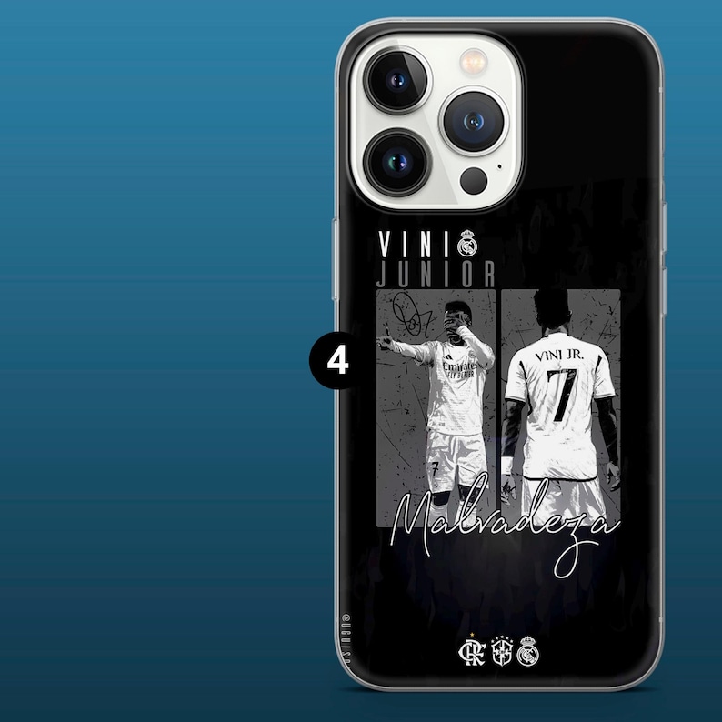 May include: Black phone case featuring a graphic of a soccer player in a white jersey with the number 7. The case includes the text "VINI JR" and the word "Malvadeza" in a script font.