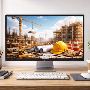 Puede incluir: Un monitor de computadora muestra una escena de construcción. Un casco amarillo, guantes, planos y herramientas están sobre un escritorio. También se ven dos conos de tráfico naranjas y blancos.