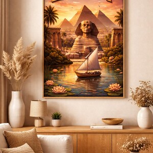 May include: A framed print with the word "EGYPT" in gold. The image shows the Sphinx, pyramids, and a boat on a river, set against a sunset. Palm trees and lotus flowers are also depicted in the artwork.