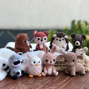 May include: A collection of handmade crochet woodland animal figurines, including a beaver, fox, hedgehog, bear, raccoon, owl, bunny, and moose. Each animal is crafted with detailed features and various colors, creating a charming and whimsical display.